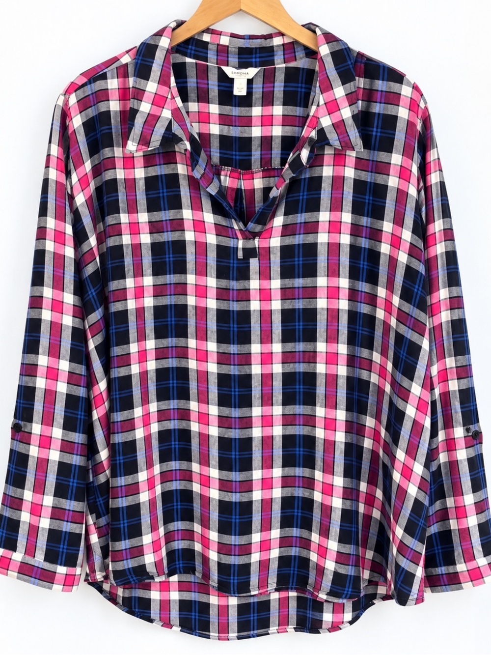 Sonoma Plaid Rayon Shirt Size 20/28W Pink Black Blue Roll Tab Plus Size
